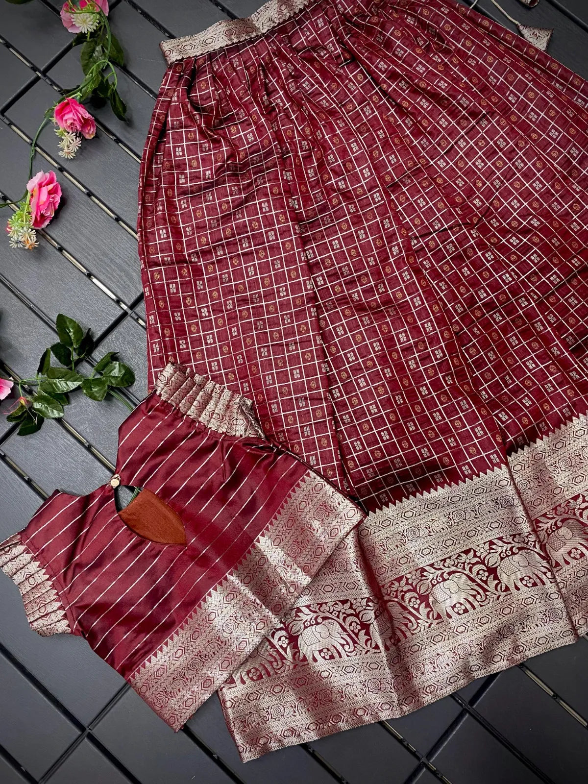Soft Silk Kanchipuram Kids Crop Top Lehenga Set - Maroon