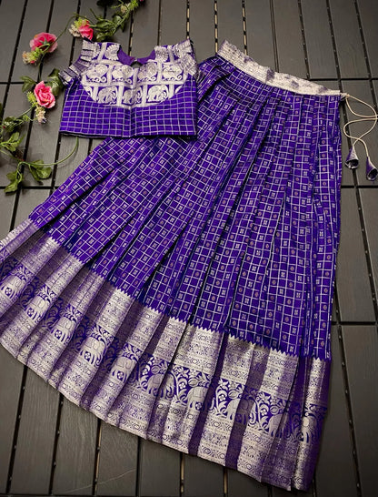 Soft Silk Kanchipuram Kids Crop Top Lehenga Set - Violet