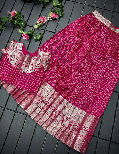 Soft Silk Kanchipuram Kids Crop Top Lehenga Set - Rani Pink