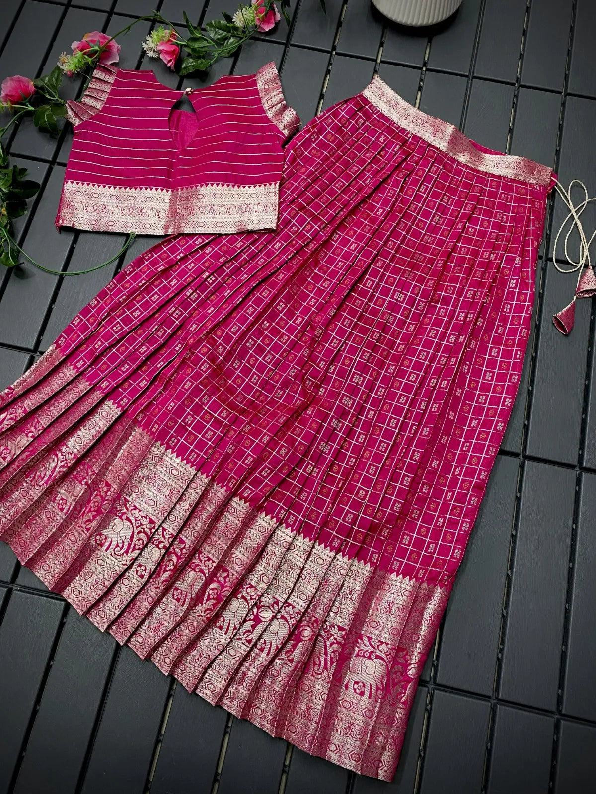 Soft Silk Kanchipuram Kids Crop Top Lehenga Set - Rani Pink