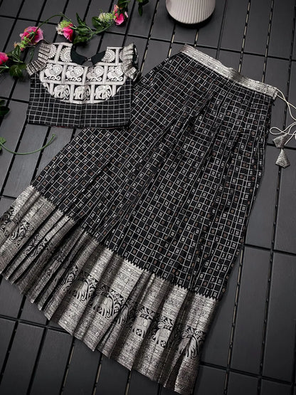 Soft Silk Kanchipuram Kids Crop Top Lehenga Set- Black