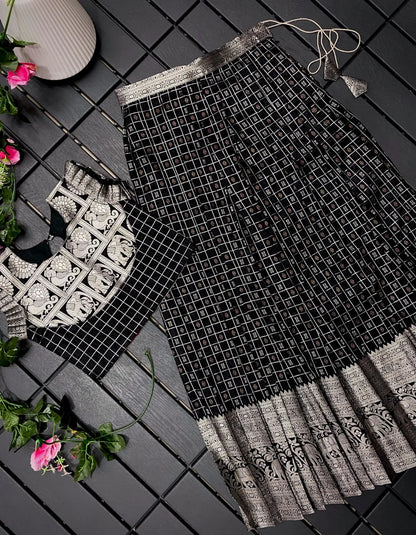 Soft Silk Kanchipuram Kids Crop Top Lehenga Set- Black