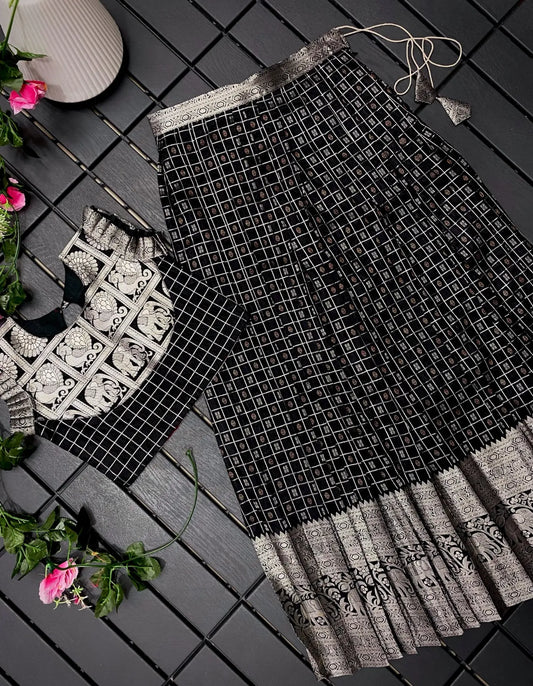 Soft Silk Kanchipuram Kids Crop Top Lehenga Set- Black