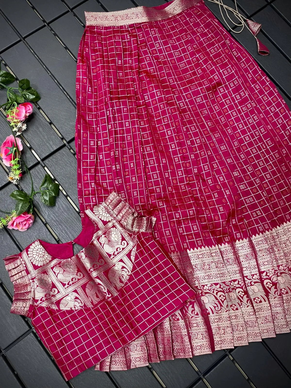 Soft Silk Kanchipuram Kids Crop Top Lehenga Set - Rani Pink