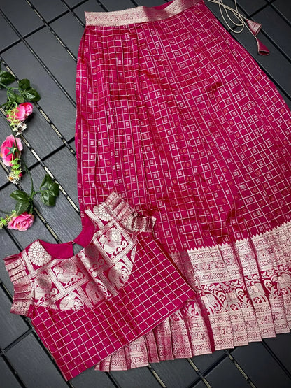 Soft Silk Kanchipuram Kids Crop Top Lehenga Set - Rani Pink