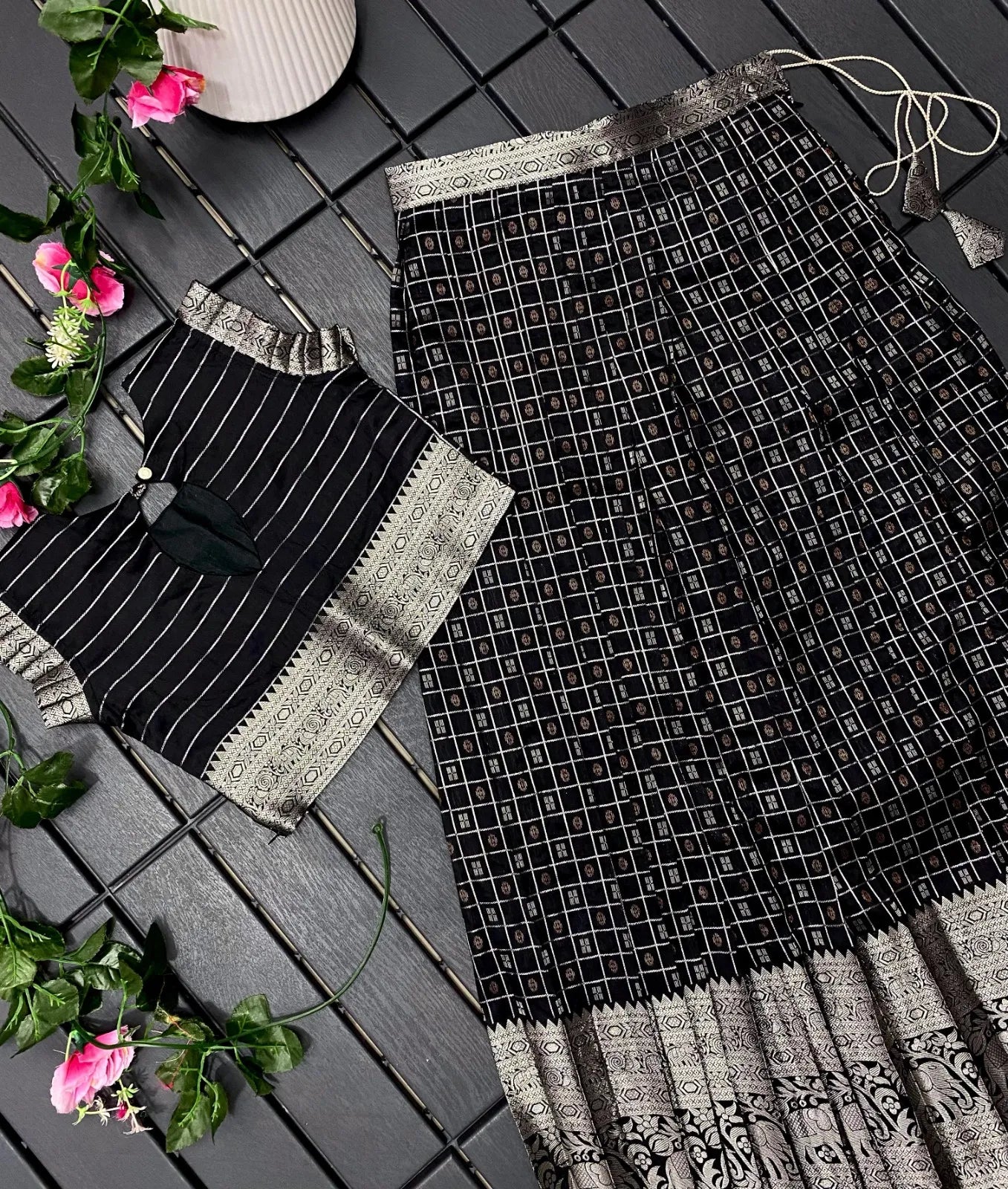 Soft Silk Kanchipuram Kids Crop Top Lehenga Set- Black