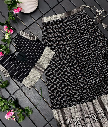 Soft Silk Kanchipuram Kids Crop Top Lehenga Set- Black