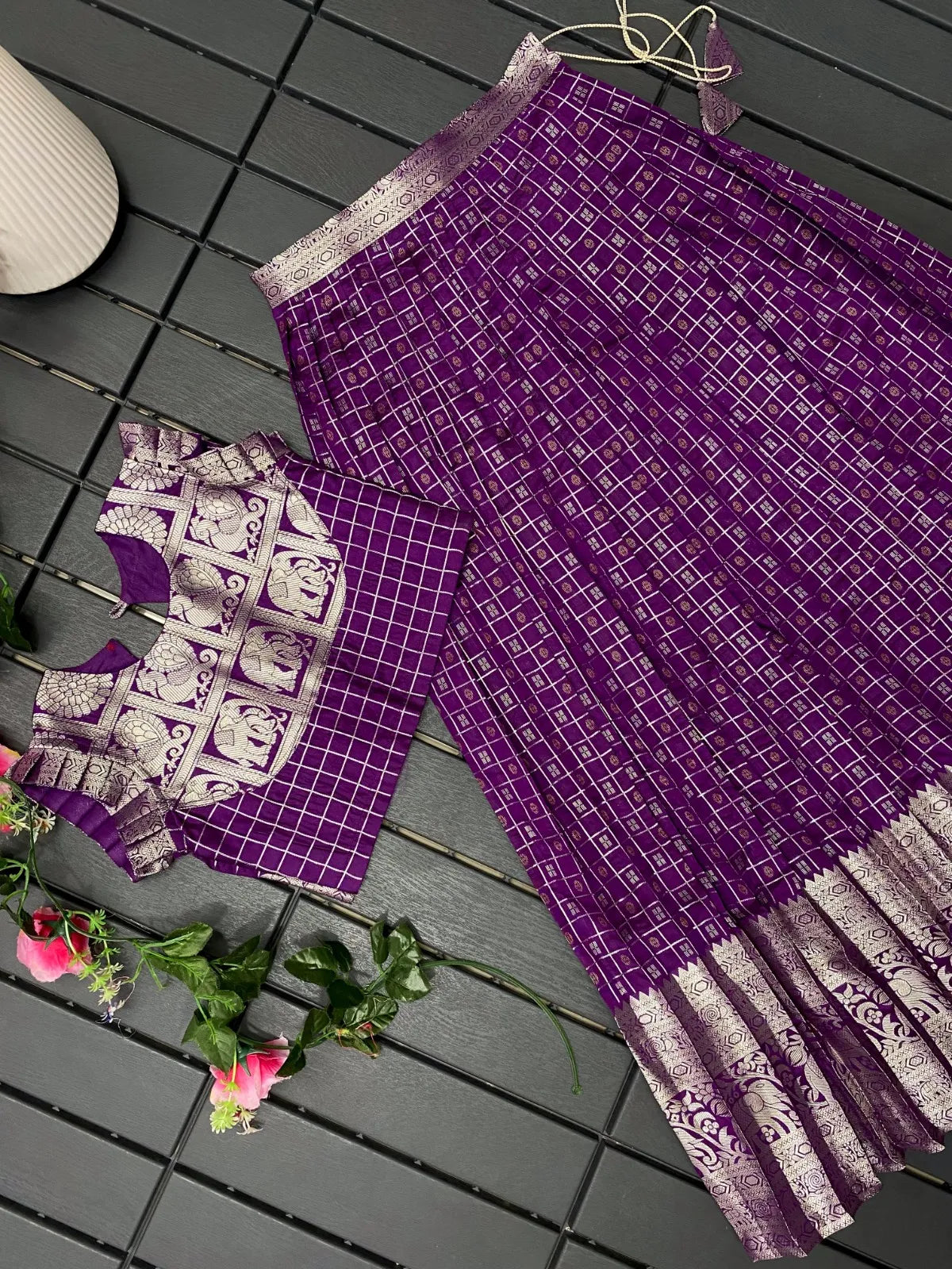 Soft Silk Kanchipuram Kids Crop Top Lehenga Set - Purple