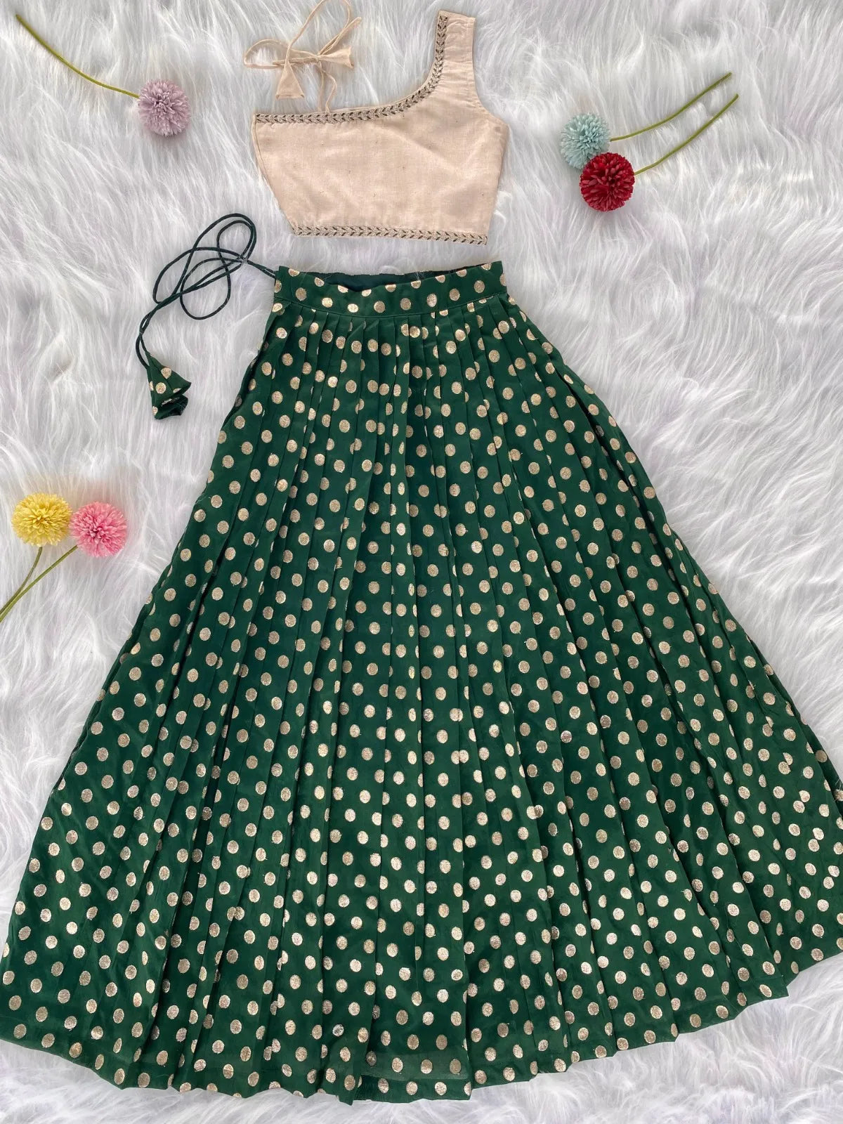 Kids Indo-Western Zari Polka One-Shoulder Top Skirt - Green