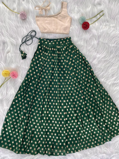 Kids Indo-Western Zari Polka One-Shoulder Top Skirt - Green
