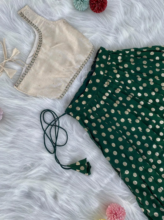 Kids Indo-Western Zari Polka One-Shoulder Top Skirt - Green