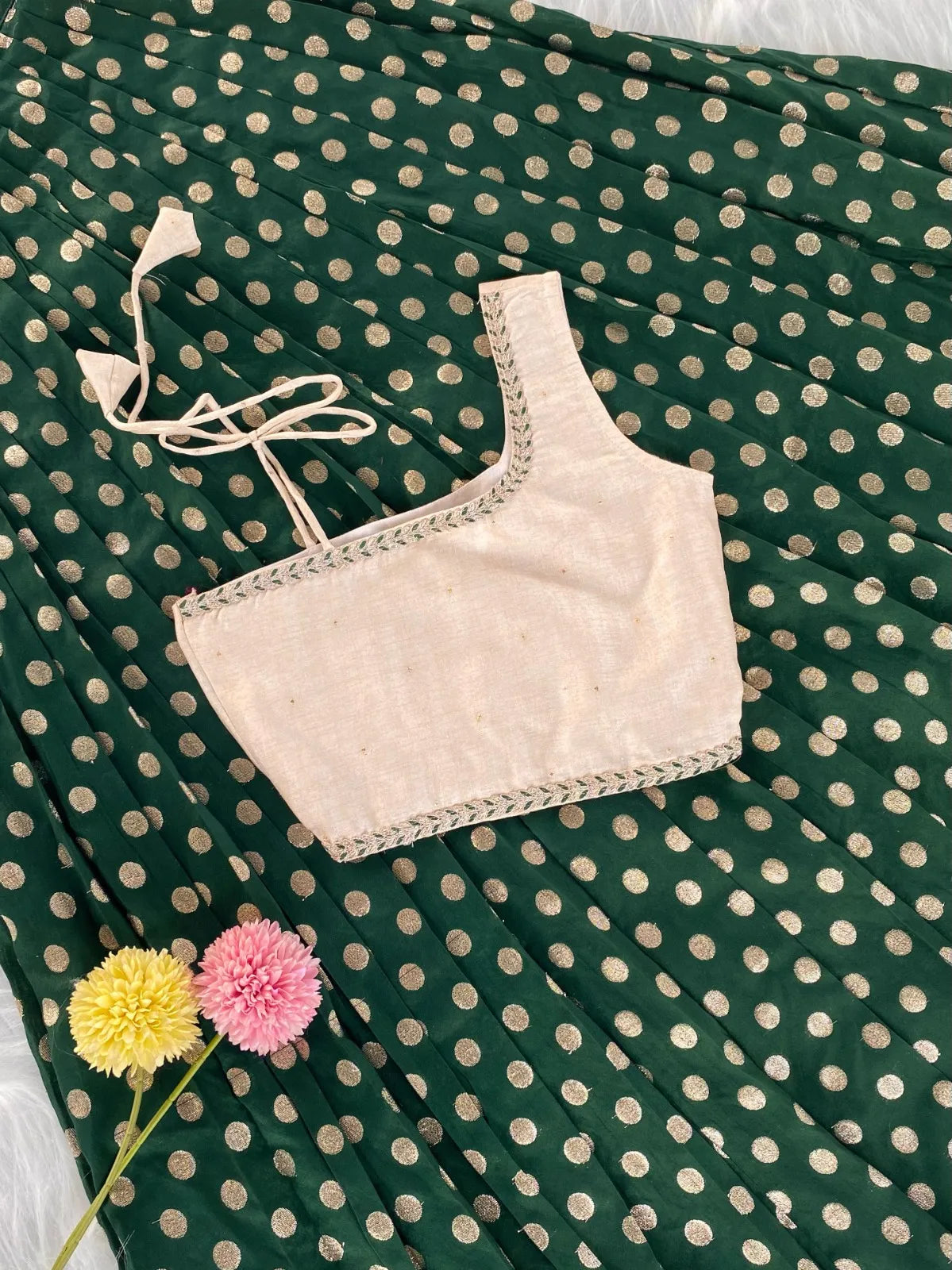 Kids Indo-Western Zari Polka One-Shoulder Top Skirt - Green