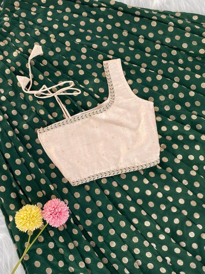 Kids Indo-Western Zari Polka One-Shoulder Top Skirt - Green