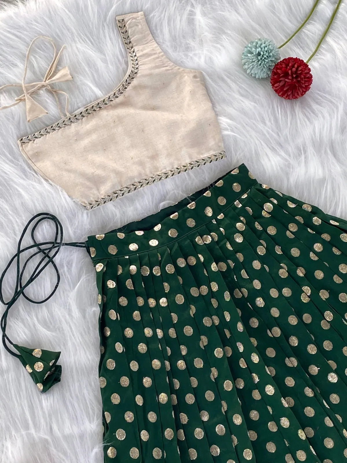 Kids Indo-Western Zari Polka One-Shoulder Top Skirt - Green