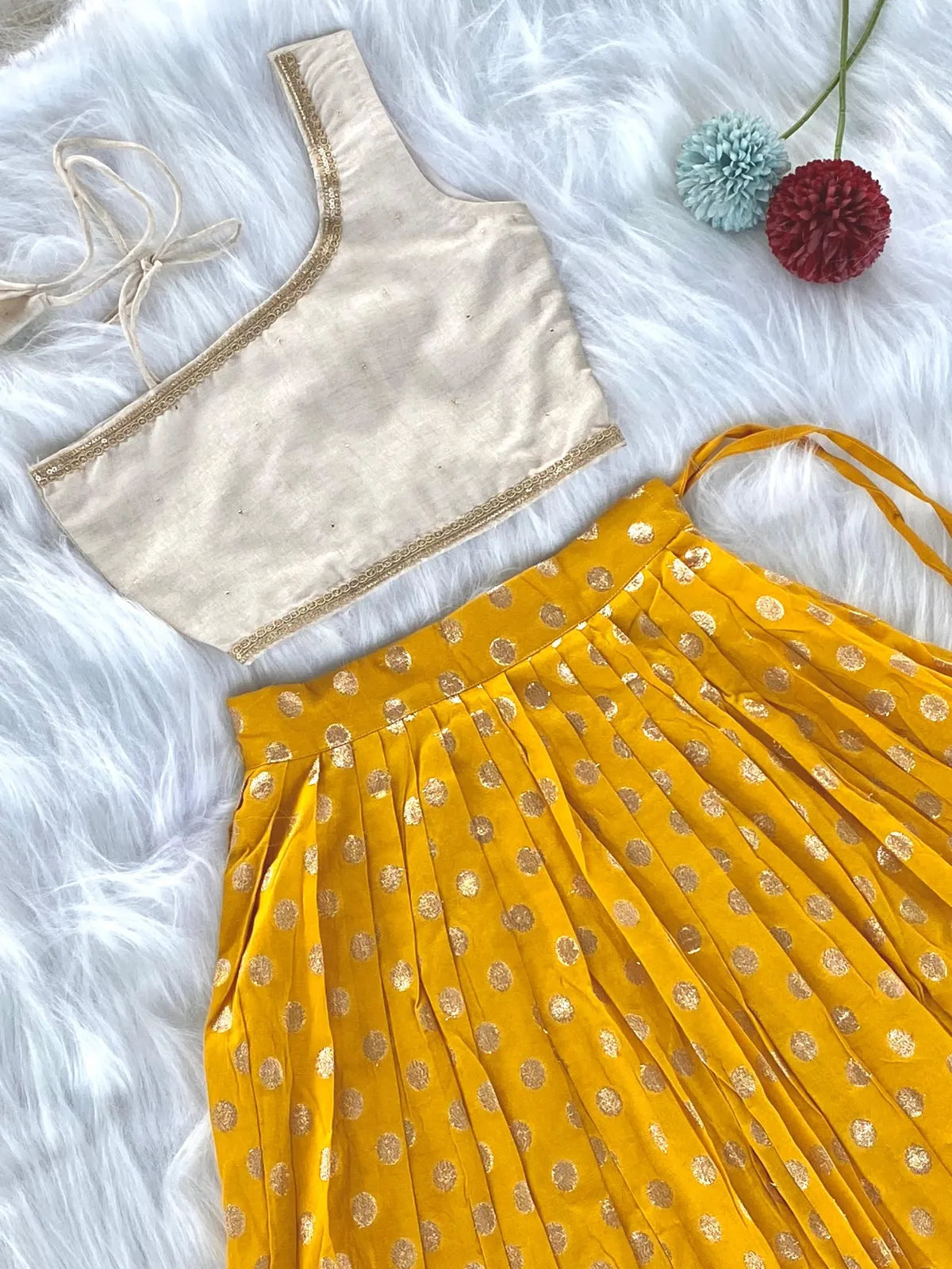 Kids Indo-Western Zari Polka One-Shoulder Top Skirt - Yellow
