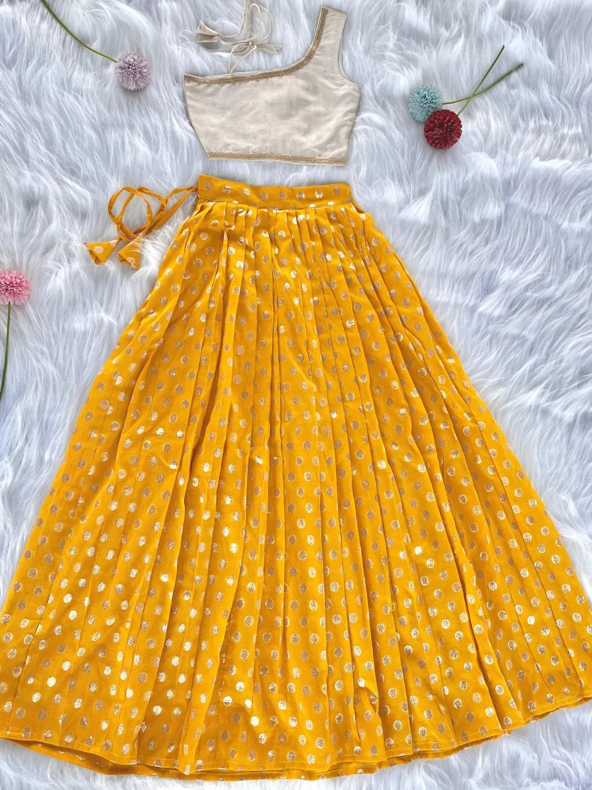 Kids Indo-Western Zari Polka One-Shoulder Top Skirt - Yellow