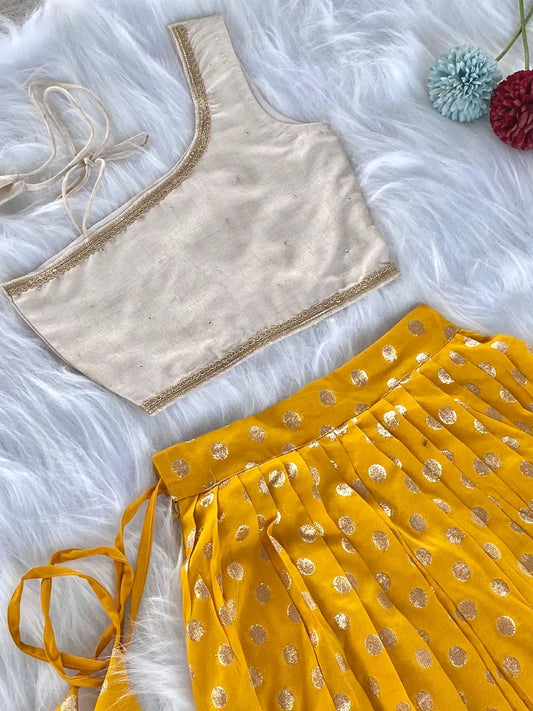 Kids Indo-Western Zari Polka One-Shoulder Top Skirt - Yellow