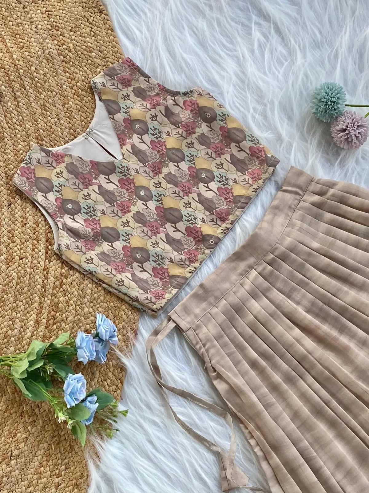 Kids Tussar Silk Embroidered Kantha Work Top Set - Cream