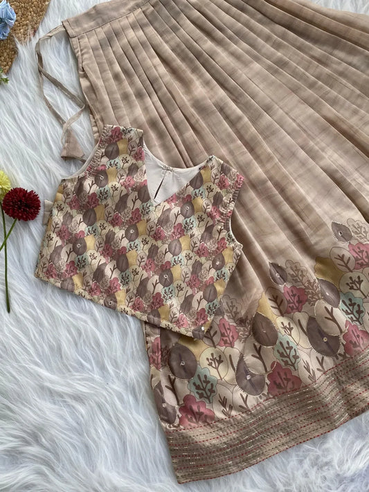 Kids Tussar Silk Embroidered Kantha Work Top Set - Cream