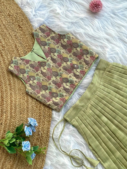 Kids Tussar Silk Embroidered Kantha Work Top Set - Pista