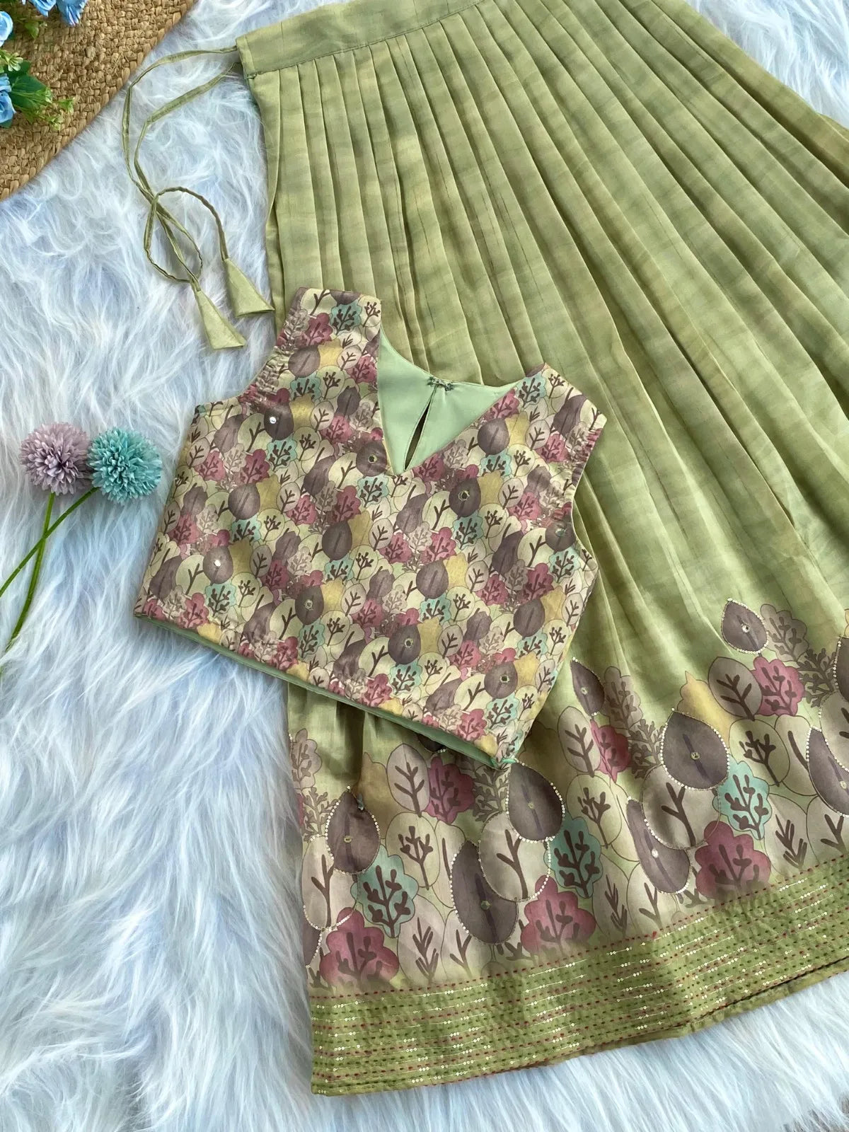 Kids Tussar Silk Embroidered Kantha Work Top Set - Pista