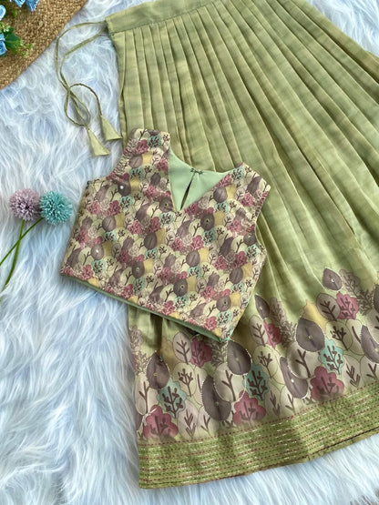 Kids Tussar Silk Embroidered Kantha Work Top Set - Pista