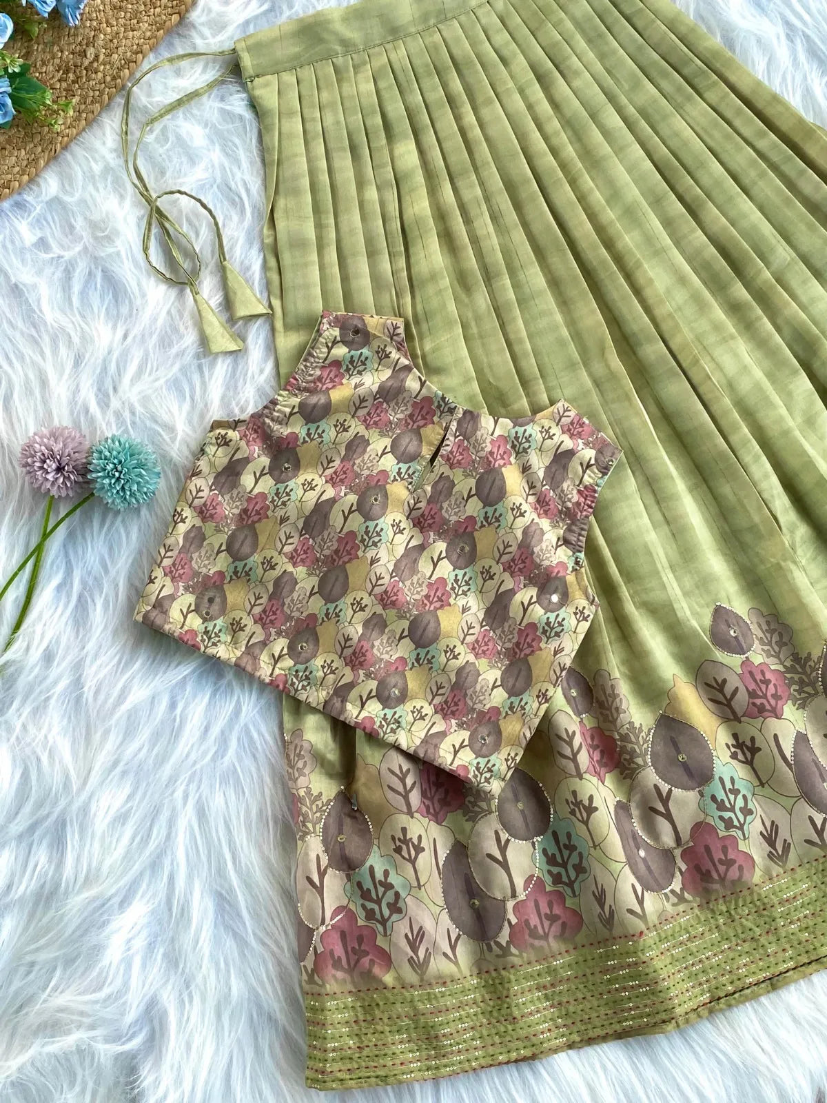 Kids Tussar Silk Embroidered Kantha Work Top Set - Pista