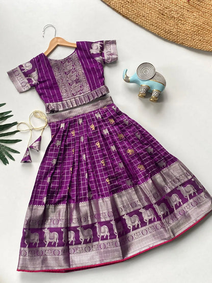 Kids Kanchipuram Silk Lehenga Choli Set - Purple