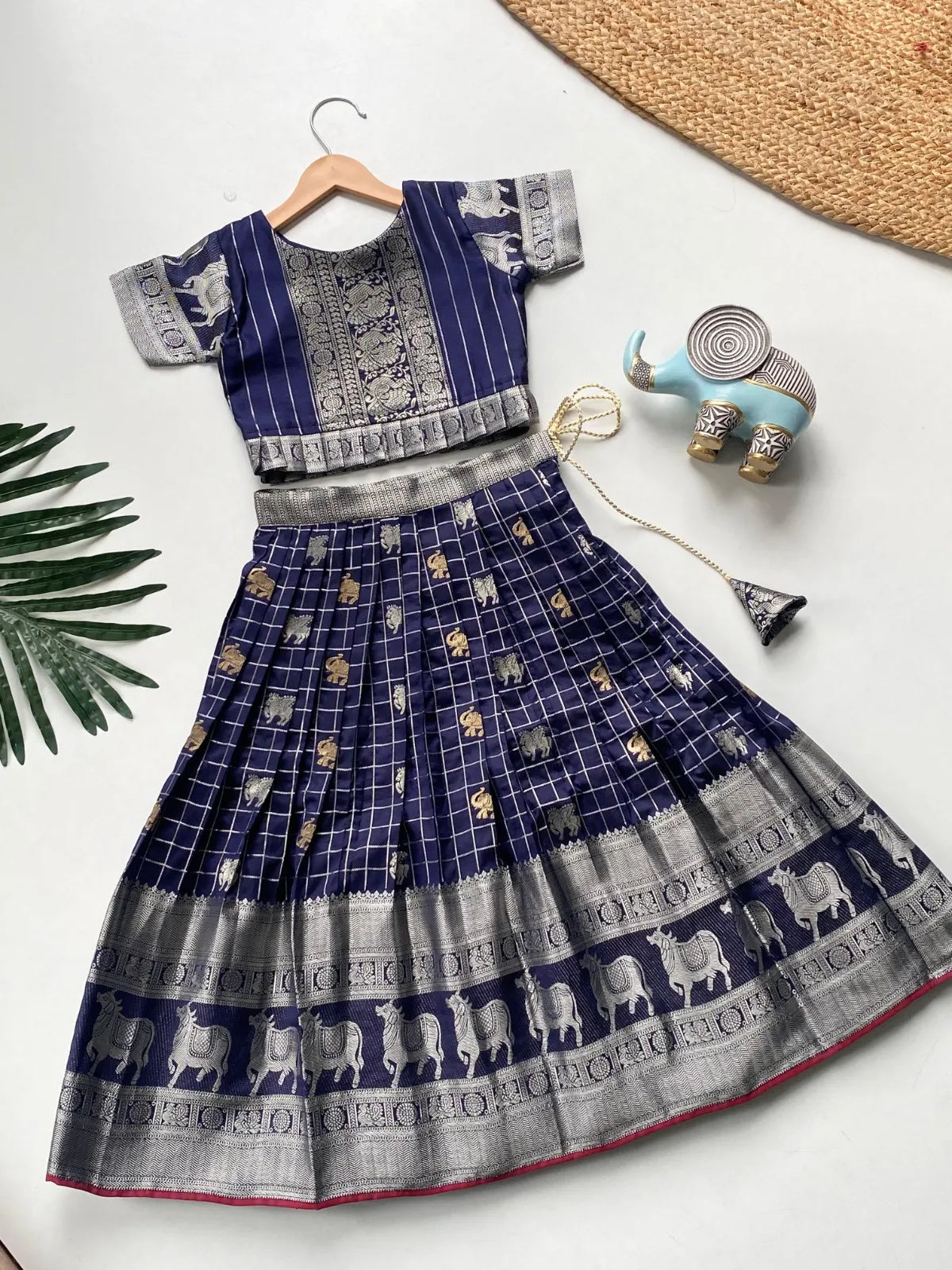 Kids Kanchipuram Silk Lehenga Choli Set - Navy Blue