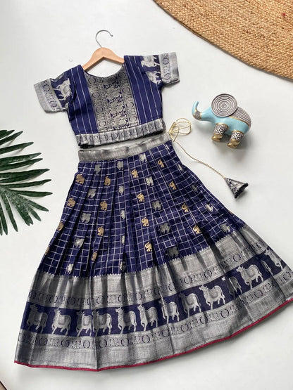 Kids Kanchipuram Silk Lehenga Choli Set - Navy Blue