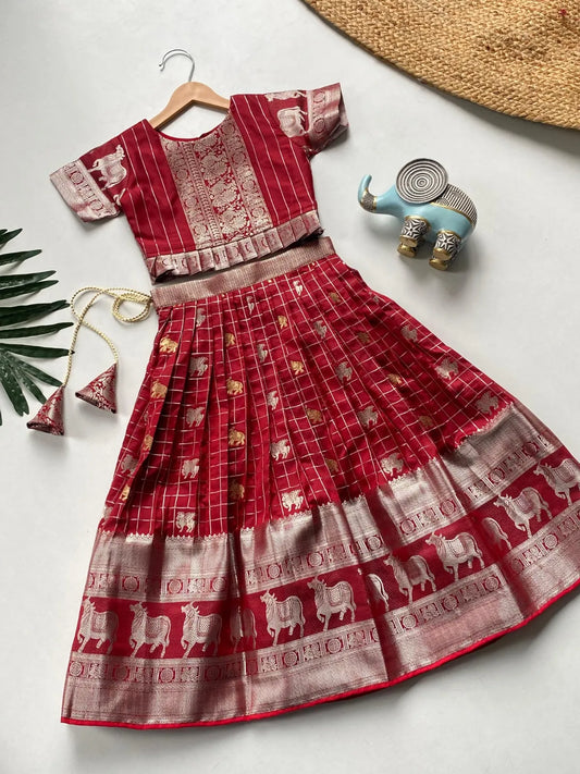 Kids Kanchipuram Silk Lehenga Choli Set - Red