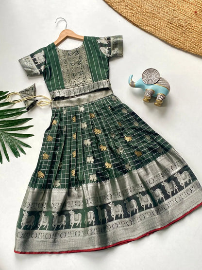 Kids Kanchipuram Silk Lehenga Choli Set - Green