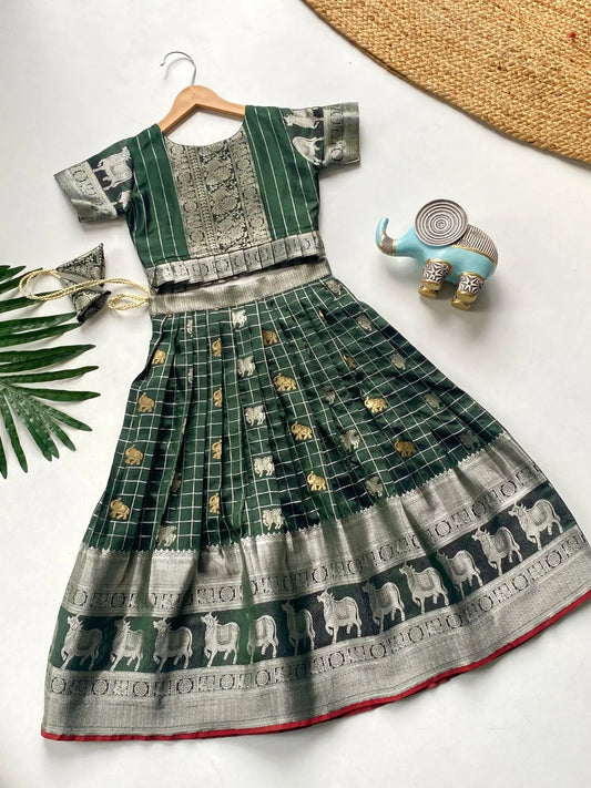 Kids Kanchipuram Silk Lehenga Choli Set - Green