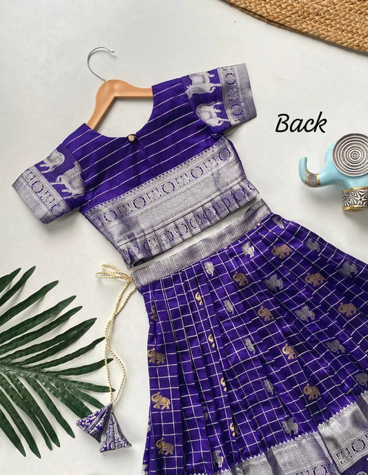 Kids Kanchipuram Silk Lehenga Choli Set - Blue