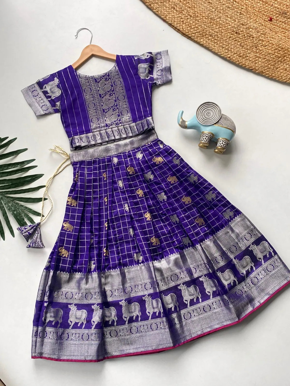 Kids Kanchipuram Silk Lehenga Choli Set - Blue