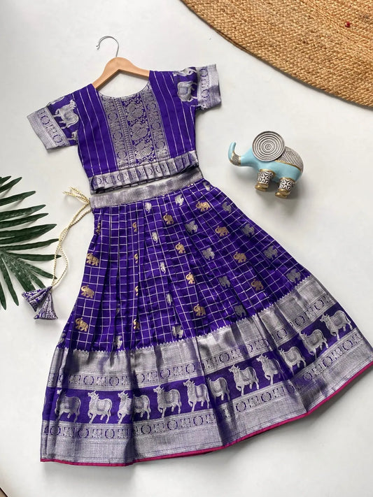 Kids Kanchipuram Silk Lehenga Choli Set - Blue