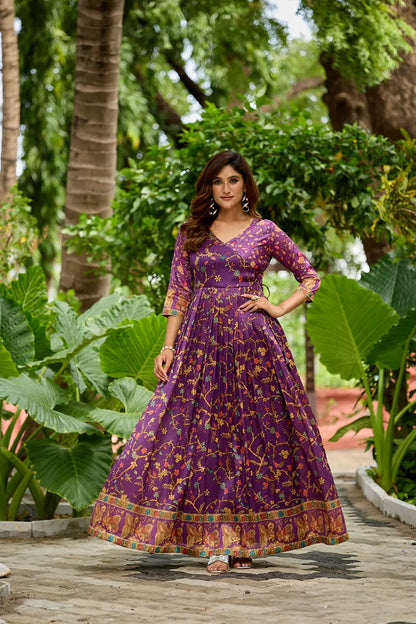 Silk Blend Floral Flared Gown with Heritage Border - Purple