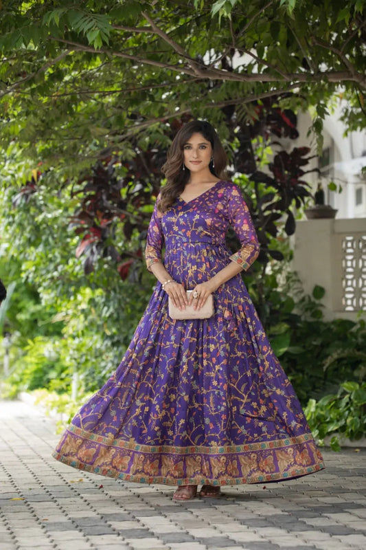 Silk Blend Floral Flared Gown with Heritage Border - Blue