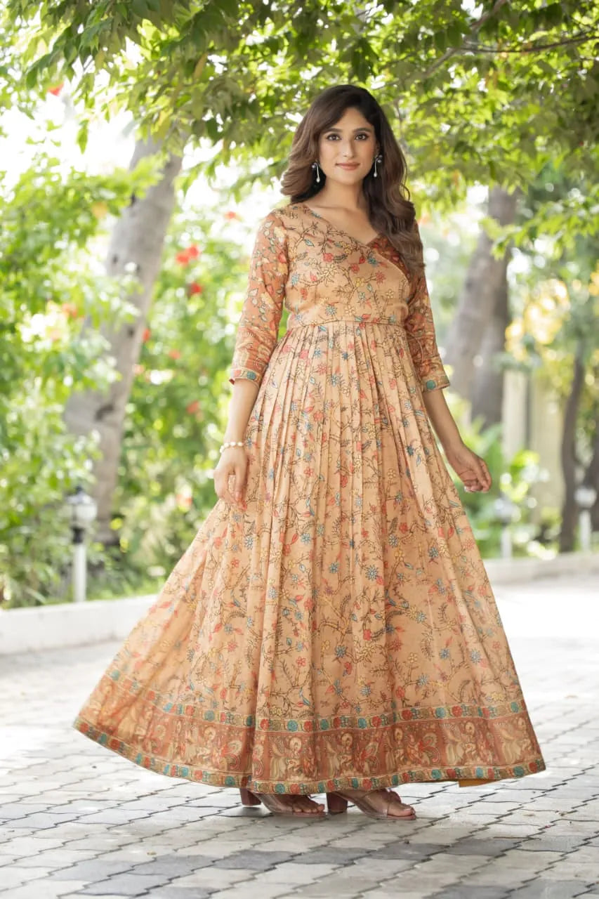 Silk Blend Floral Flared Gown with Heritage Border - Cream