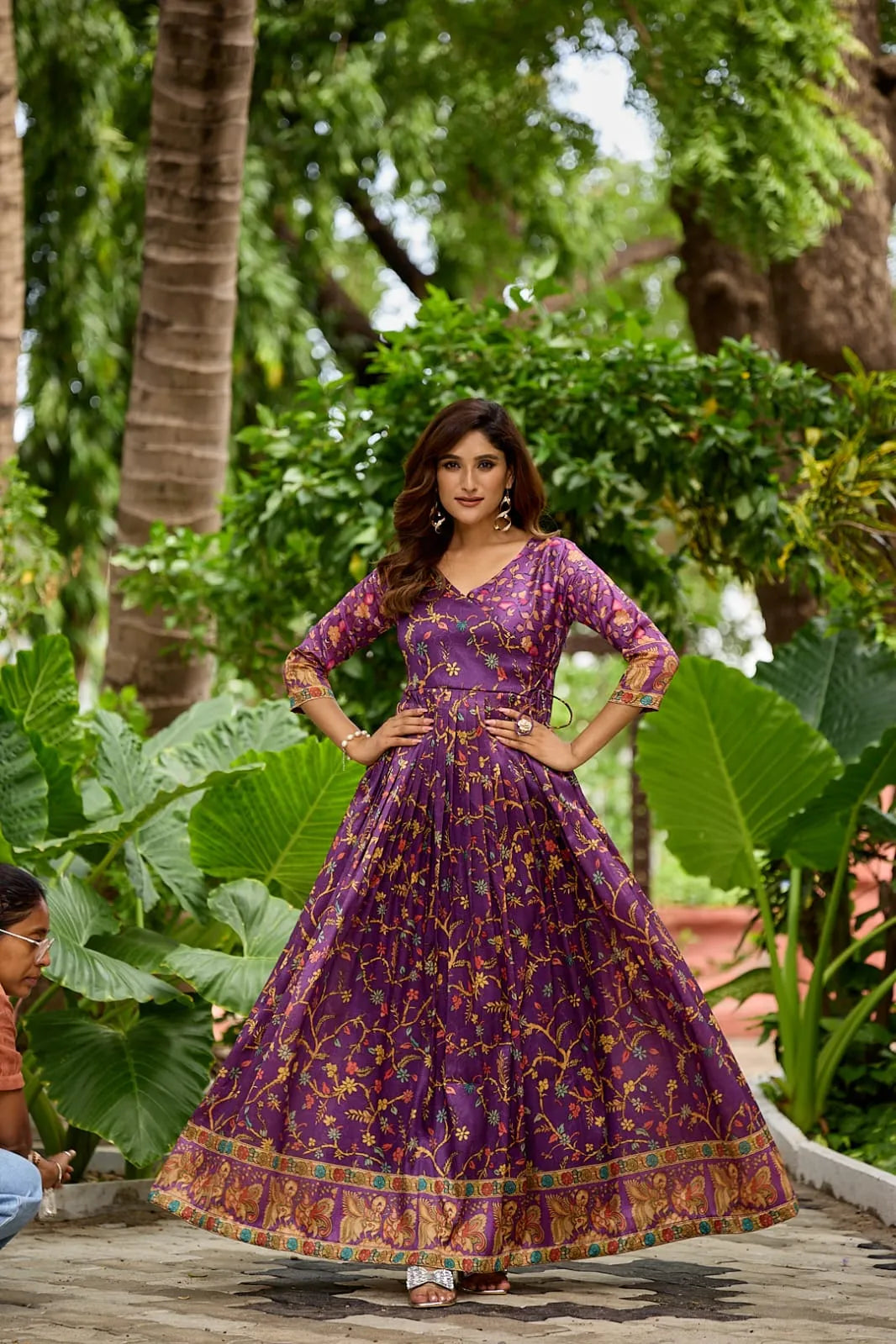 Silk Blend Floral Flared Gown with Heritage Border - Purple