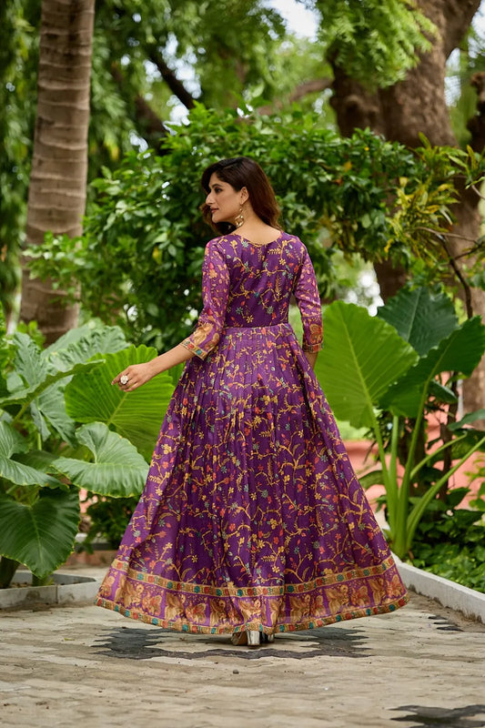 Silk Blend Floral Flared Gown with Heritage Border - Purple