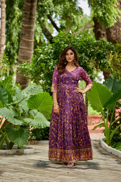 Silk Blend Floral Flared Gown with Heritage Border - Purple