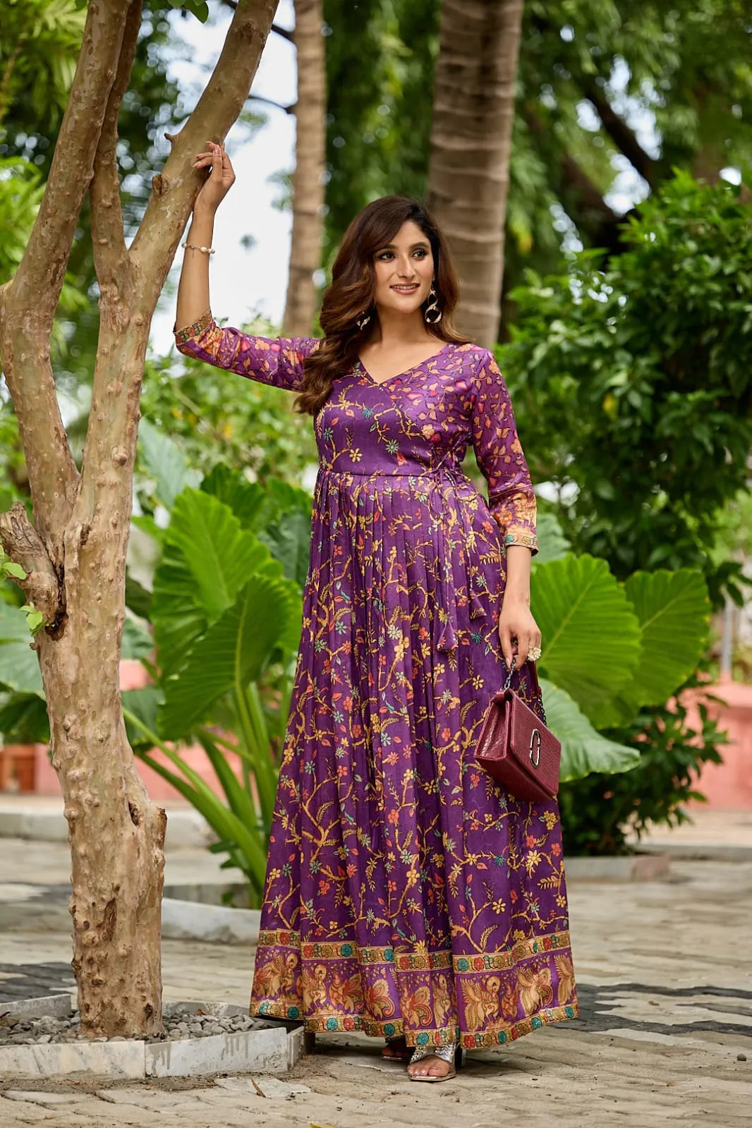 Silk Blend Floral Flared Gown with Heritage Border - Purple
