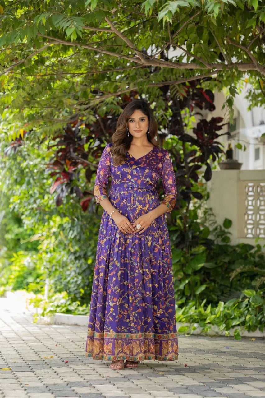 Silk Blend Floral Flared Gown with Heritage Border - Blue