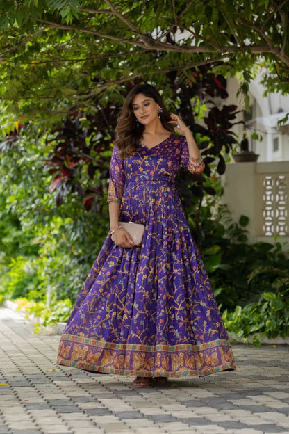 Silk Blend Floral Flared Gown with Heritage Border - Blue
