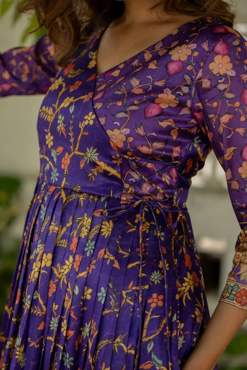 Silk Blend Floral Flared Gown with Heritage Border - Blue