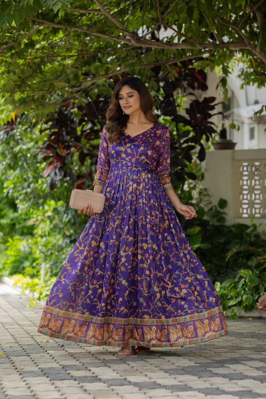 Silk Blend Floral Flared Gown with Heritage Border - Blue