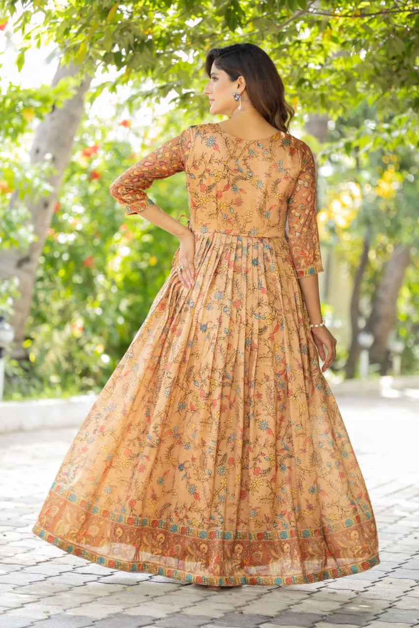 Silk Blend Floral Flared Gown with Heritage Border - Cream