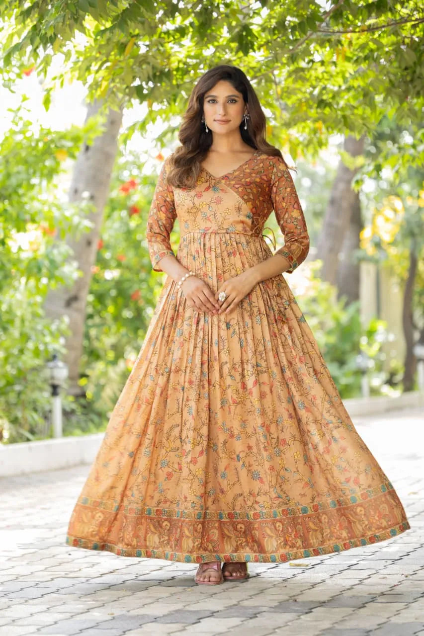Silk Blend Floral Flared Gown with Heritage Border - Cream