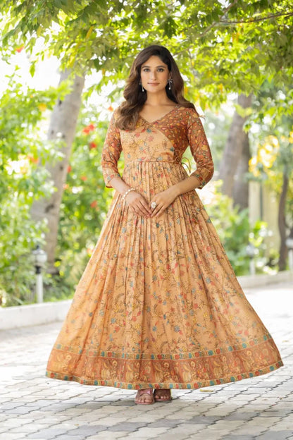 Silk Blend Floral Flared Gown with Heritage Border - Cream